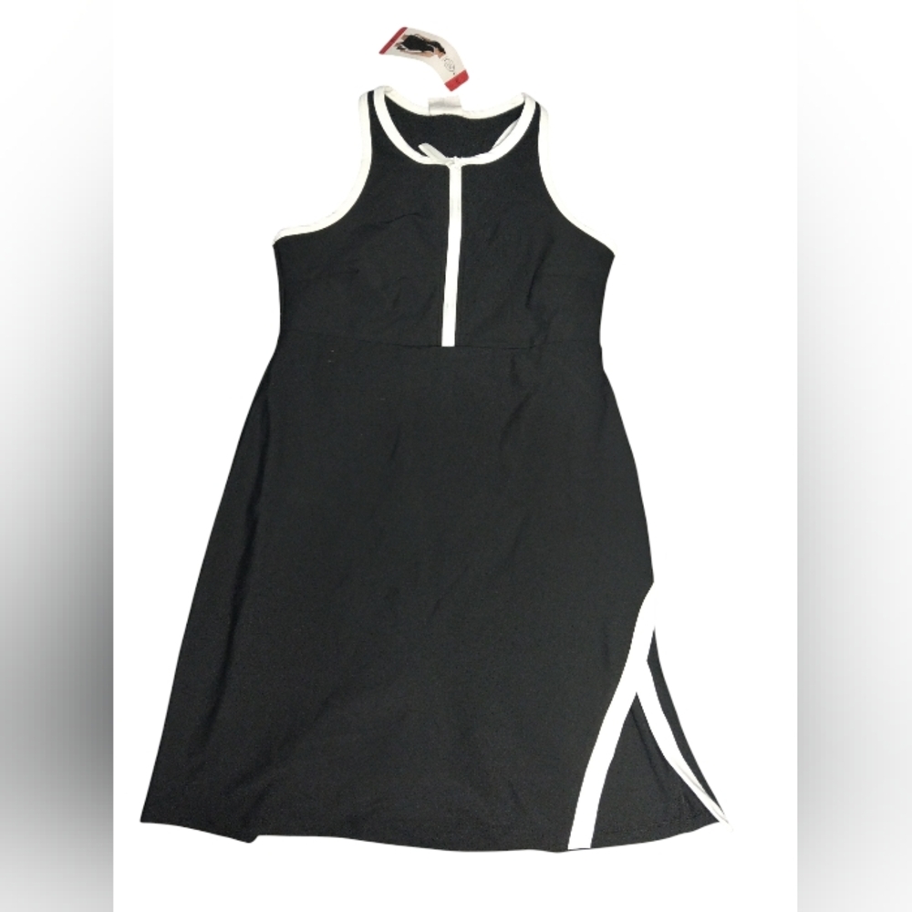 Sage Asymmetrical Dress in Black with White Trim
